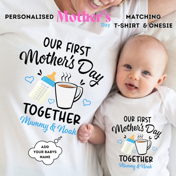 Personalised Our First Mother’s Day Matching T-Shirt & Onesie Set | Milestone | Baby Bottle and Coffee | Mother’s Day Gift