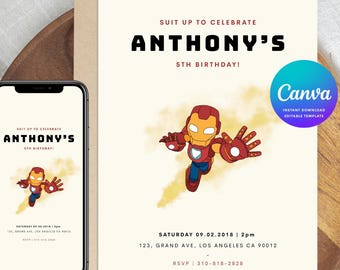 Iron Man Superhero Birthday Invitation Template, Canva Editable Digital Invite for Kids, Mobile or Print at Home, Customize Instant Download