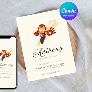 Iron Man Superhero Birthday Invitation Template, Canva Editable Digital Invite for Kids, Mobile or Print at Home, Customize Instant Download