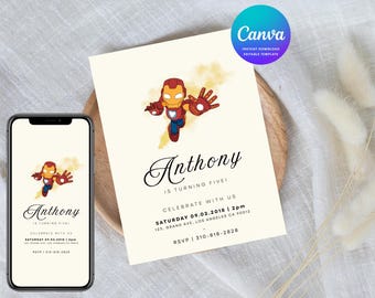 Iron Man Superhero Birthday Invitation Template, Canva Editable Digital Invite for Kids, Mobile or Print at Home, Customize Instant Download