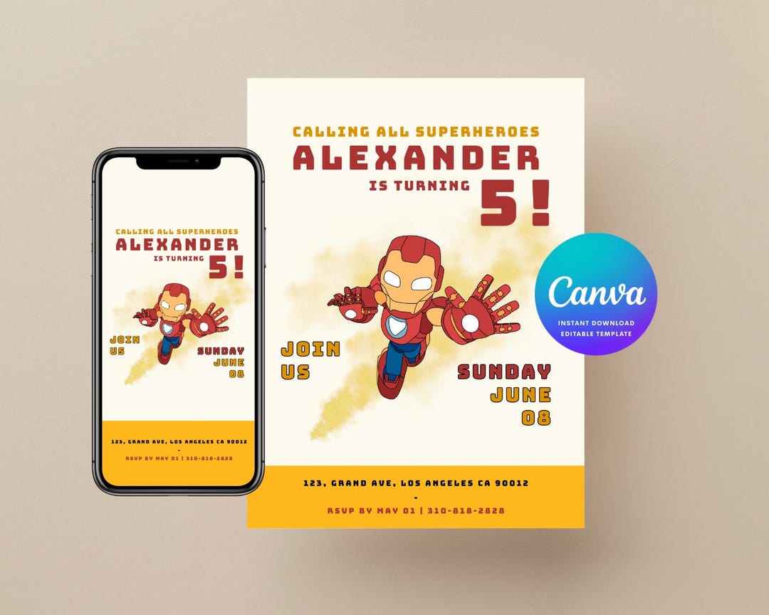 Iron Man Superhero Birthday Invitation Template, Canva Editable Digital ...