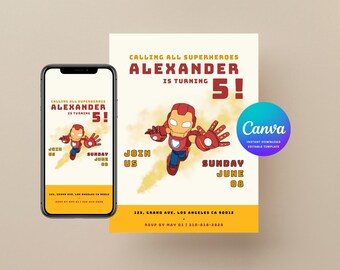 Iron Man Superhero Birthday Invitation Template, Canva Editable Digital Invite for Kids, Mobile or Print at Home, Customize Instant Download