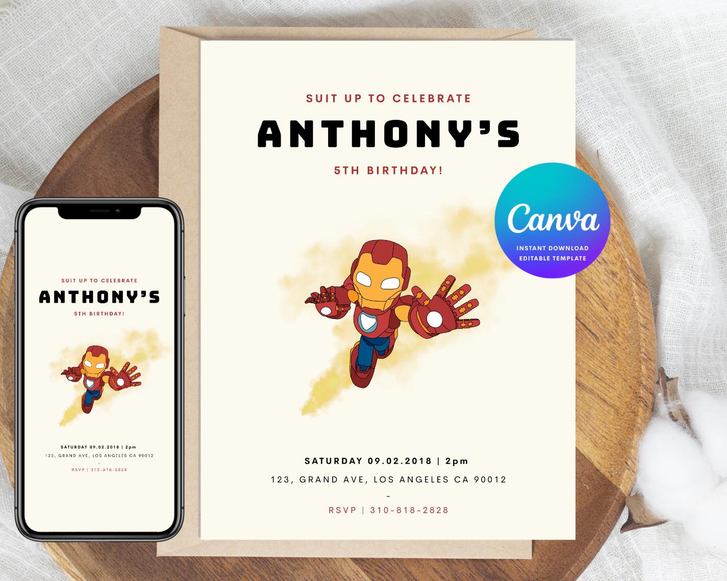 Iron Man Superhero Birthday Invitation Template, Canva Editable Digital ...