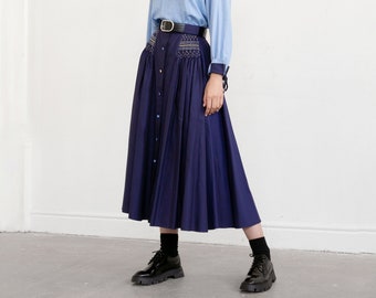 Hand Smocked Delphine Women's Skirt in Blue- Hand embroidered