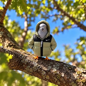NYC Puffer Pigeon Branch Buddy – Whimsical Outdoor Decor – Pigeon Sculpture – Funky Outdoor Decorations – Fine Art Bird Statue