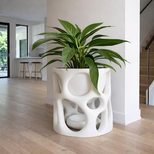 Puede incluir: Una maceta blanca y moderna con un diseño abierto único. La maceta está llena de una exuberante planta verde. El diseño de la maceta presenta grandes recortes circulares, agregando un toque contemporáneo a la decoración interior.