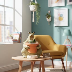 May include: A whimsical, light green frog-shaped planter holding a terracotta pot with two small cacti. The frog statue is on a wooden table, with a white decorative piece. The table is 9 x 9 inches.