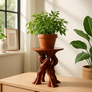 Peut inclure: Un support de plante de couleur terre cuite avec un design unique à pieds torsadés. Il supporte une plante en pot avec un feuillage vert vif. Le support est en matériau brun rougeâtre et est placé sur une surface en bois clair.