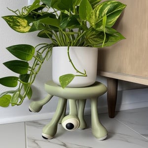 Puede incluir: Una maceta de cerámica blanca llena de una planta de hojas verdes y amarillas se encuentra sobre un taburete verde claro y caprichoso. El taburete tiene tres patas curvas con pies redondeados y un gran detalle en forma de ojo en una pata.