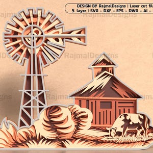 Lasergesneden bestand boerderijscène, Glowforge-bestand, schuur, windmolen, koe SVG