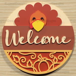 Welcome Thanksgiving Turkey Sign SVG, Fall Door Hanger, Autumn Decor Laser Cut File, Digital File