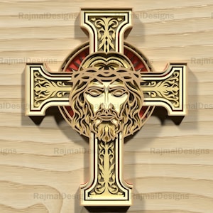 Crown of Thorns Cross SVG, Layered 3D Digital File for Laser Cutting, Ornate Religious Christian Home Decor