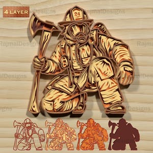 Layered Firefighter with Axe SVG, 3D Fireman Laser Cut File for Glowforge, First Responder Hero Digital Download