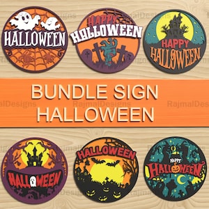 Spooky Halloween Sign Laser File Pack, 6 Round 3D Designs for CNC, Digital SVG Bundle for Door Decor and Haunted House Art