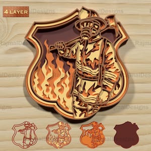 3D Layered Firefighter Shield & Axe SVG | Multilayer Laser Cut File with Maltese Cross for Glowforge, CNC and Cricut