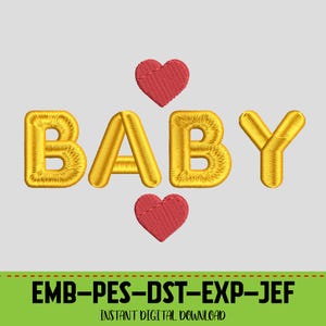 Puede incluir: Diseño de bordado digital con la palabra "BABY" en hilo dorado, con dos corazones rojos. El diseño está sobre un fondo gris claro. Debajo, el texto "EMB-PES-DST-EXP-JEF" y "INSTANT DIGITAL DOWNLOAD".