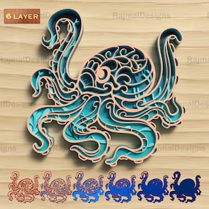 Octopus 6 Layered SVG for Laser Cut, 3D Marine Animal Digital File, Ocean Life Wood Art Decor for Glowforge