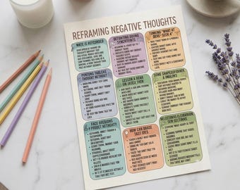 Hoja de referencia para replantear pensamientos negativos, guía para el cambio cognitivo, hoja de trabajo para replantear pensamientos, herramienta para cambiar la mentalidad, imprimible para el bienestar mental