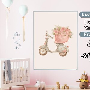 Scooter vintage con flores: arte de pared romántico para habitación infantil, descarga de impresión digital