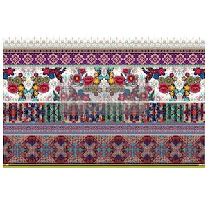 May include: A colorful patterned fabric with a repeating design of flowers and geometric shapes. The fabric features a variety of colors, including red, blue, green, and yellow. The fabric is perfect for crafting projects, such as quilts, pillows, and clothing.