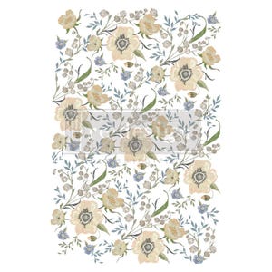 May include: A seamless pattern featuring delicate floral designs in shades of beige, cream, and light blue. The pattern includes various flower shapes and sizes, creating a soft and romantic aesthetic.