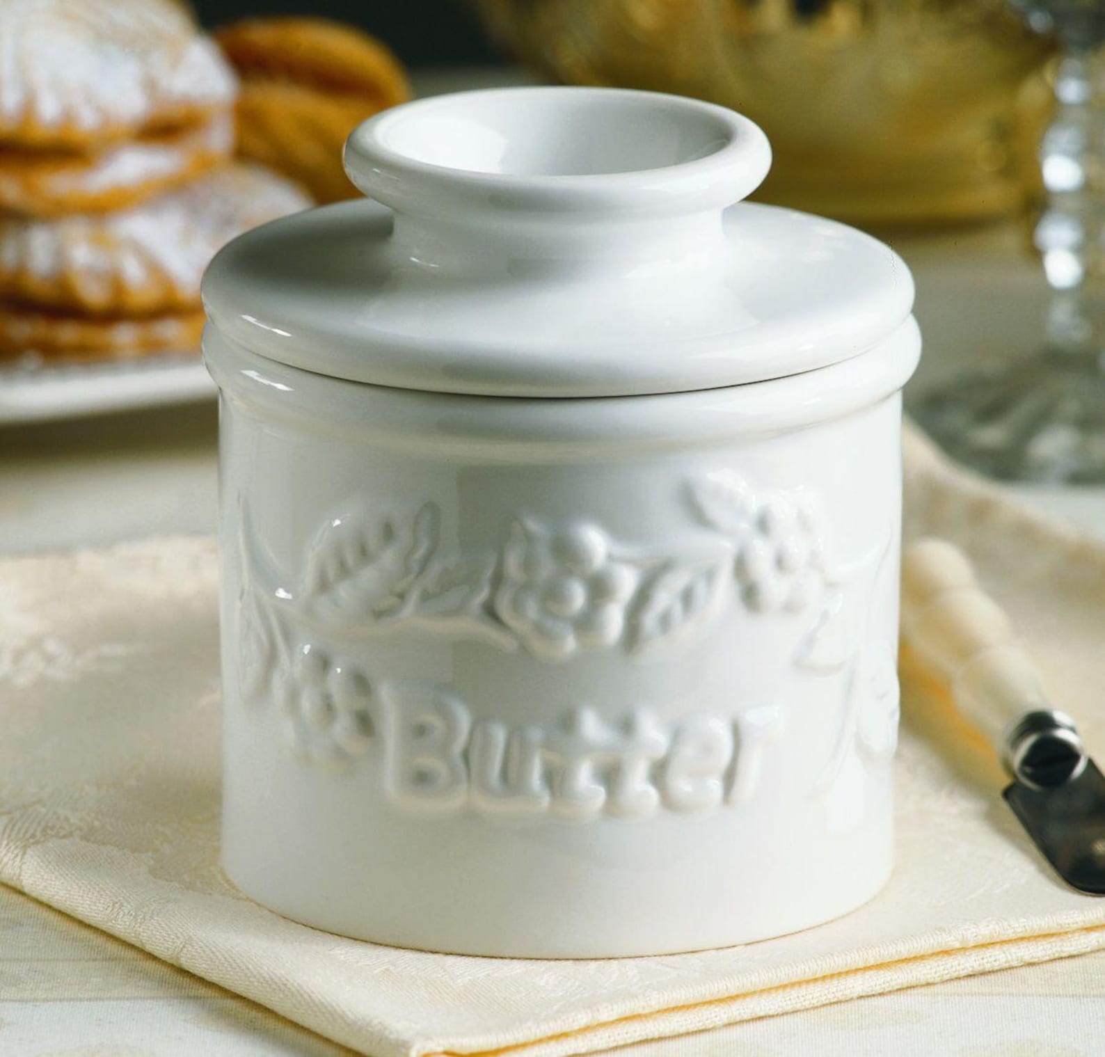 Classic White Raised Floral Butter Bell® Crock – Embossed French Ceramic Keeper by L. Tremain