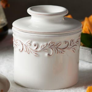 White Linen Antique Butter Bell® Crock – French Ceramic Butter Keeper by L. Tremain