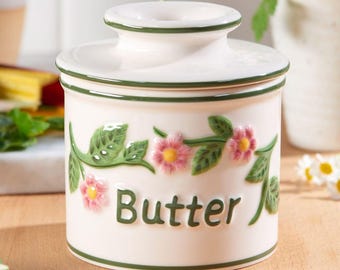 Beurrier Français à Eau - Porcelaine - Conservation Beurre Mou 10 Jours - Design Vintage Avec Couvercle - Vert