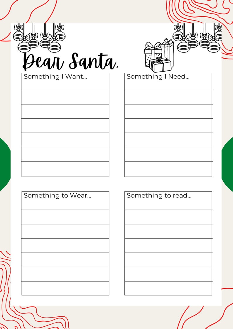 Want, Need, Wear, Read Christmas List Printable Etsy