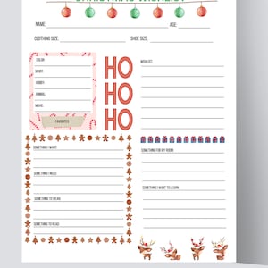 Puede incluir: Una lista de deseos de Navidad imprimible con un borde de bastón de caramelo rojo y blanco, galletas de jengibre e ilustraciones de renos. La lista de deseos incluye secciones para la talla de ropa, el tamaño del zapato, la edad, el color, el deporte, el pasatiempo, el animal, la película, los favoritos, algo que quiero, algo que necesito, algo para vestir, algo para leer, algo para mi habitación y algo que quiero aprender.
