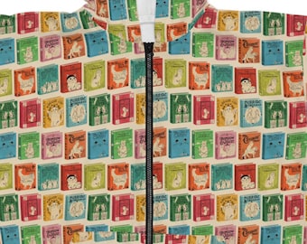 Sudadera con capucha y cremallera "Bibliophile Cat Lady", ropa clásica para amantes de los gatos y la literatura.