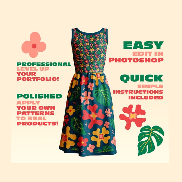 Einfaches digitales Kleid Mockup - Damenkleid / Kleidung - PSD Photoshop-Datei + einfache Anleitung - Oberflächenmuster-Designvorlage