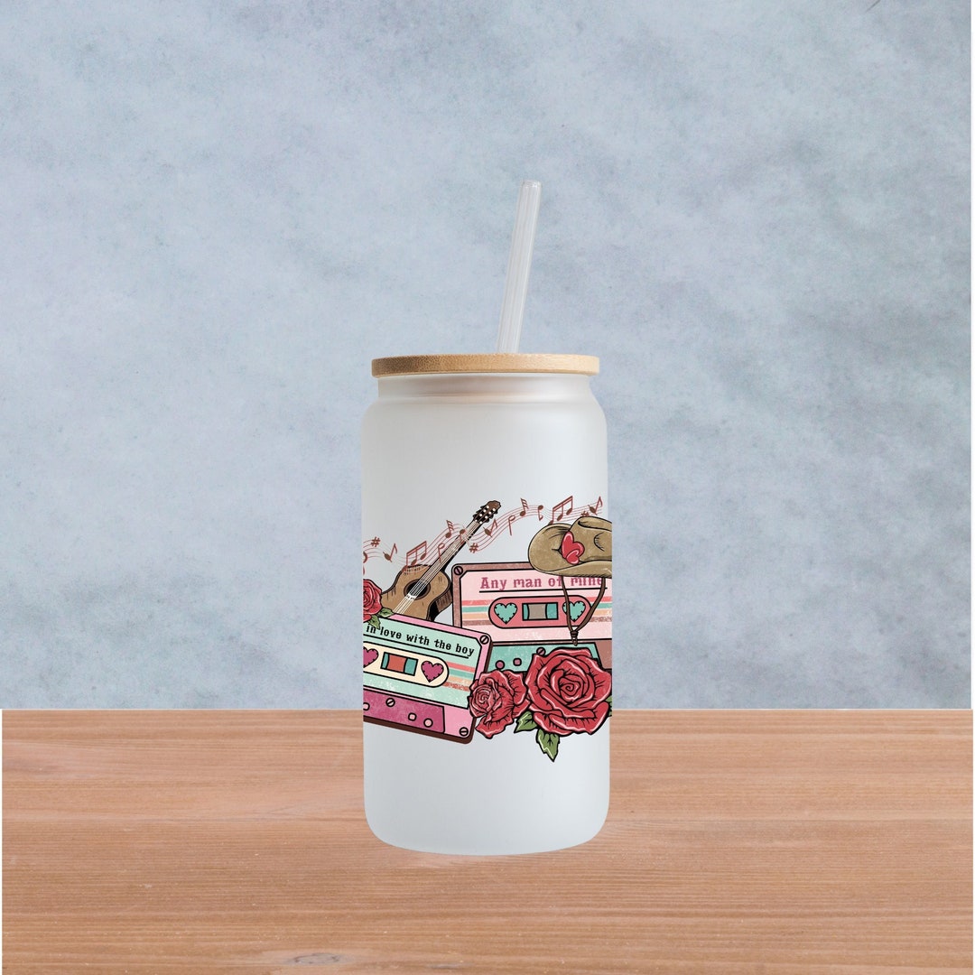 Frosted Glass Cans 16 OZ With Bamboo Lid and Plastic Straw Beer Cans