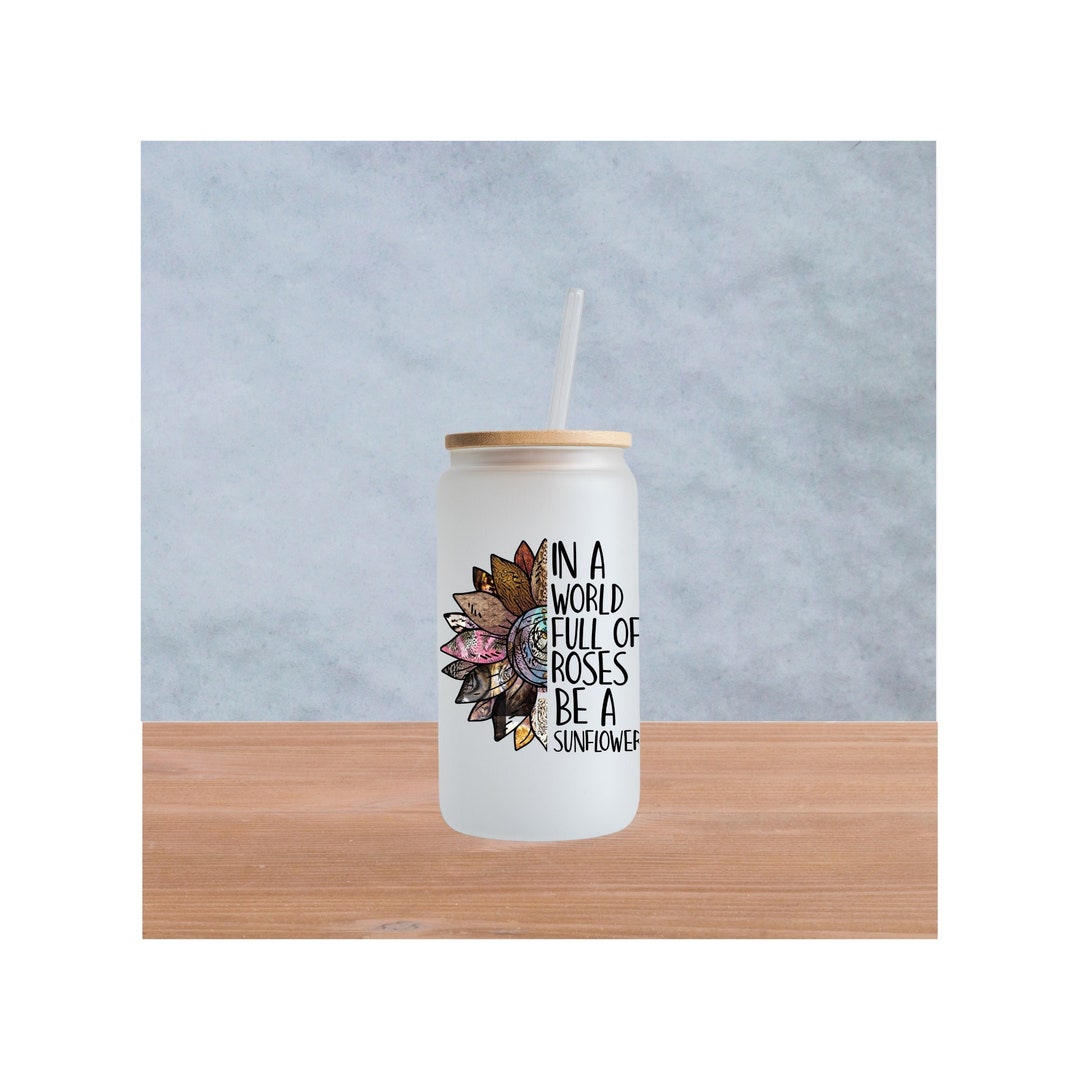 Frosted Glass Cans 16 OZ With Bamboo Lid and Plastic Straw Beer Can