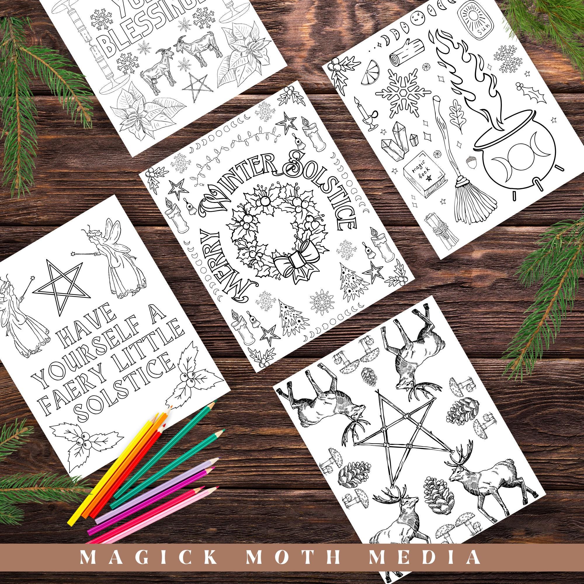Yule Coloring Pages Five Page Winter Solstice Printable Coloring Book ...