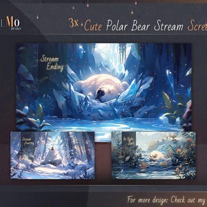 Può includere: Arte digitale con tre "Cute Polar Bear Stream Screens." L'immagine principale mostra un orso polare che dorme in un ambiente ghiacciato blu e bianco. Altri schermi mostrano una foresta innevata e un orso in un ruscello. Il testo include "Stream Ending", "Stream Starting" e "Be Right Back."