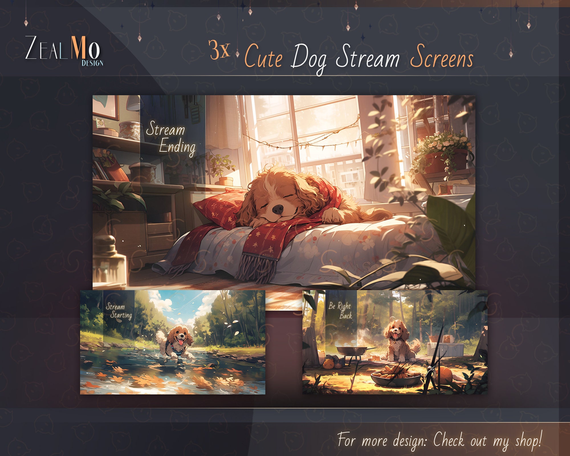 3x Cute Dog Stream Screen / Starting, Be Right back & Ending Stream Overlays