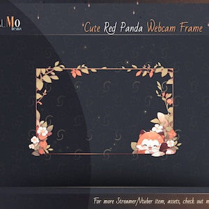 May include: A webcam frame featuring a cute red panda peeking out from behind a leafy branch with pink flowers. The frame has a gold border and a dark background with a subtle pattern.