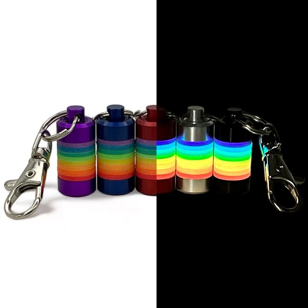 GlowDaddy HyperGlow Rainbow Aluminum GLOW KEYCHAIN Glow In The Dark Dog Tag, Necklace, Keychain Fob, Camping Gear, Emergency, Survival