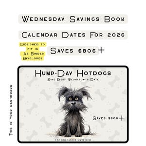 Puede incluir: Un diseño de libro de ahorro con texto e ilustración de perro. El texto incluye "Wednesday Savings Book" y "Calendar Dates for 2026". La imagen presenta un rastreador de ahorro con una ilustración de perro y el texto "Hump-Day Hotdogs."
