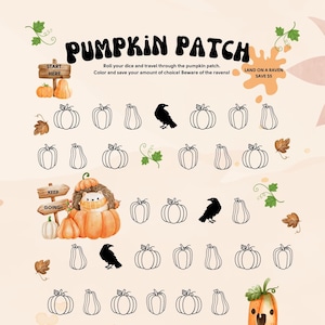 May include: A printable game board featuring a pumpkin patch with a path to follow. The game includes a start and finish, along with instructions to roll a dice and travel through the pumpkin patch. The game also includes a raven that players must avoid.