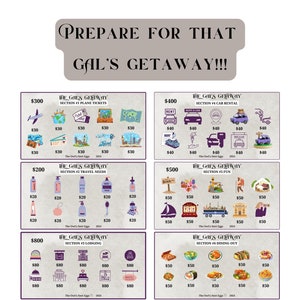 May include: A colorful chart with the title "The Gal's Getaway Savings Challenge Box". The chart is divided into six sections, each with a different price and a list of items. The sections are: Plane Tickets, Travel Needs, Lodging, Car Rental, Fun, and Dining Out.