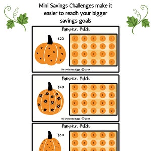 Puede incluir: Tres gráficos imprimibles de desafío de ahorro con temática de calabaza. Cada gráfico presenta una calabaza con un diseño diferente y una cantidad objetivo de 20 €, 40 € y 60 €. Los gráficos están divididos en cuadrados con los números 1, 2 y 3 en cada cuadrado. El texto "The Owl's Nest Eggs 2024" aparece en la parte inferior de cada gráfico. El texto "Literalmente 1 €, 2 € o 3 € a la vez. Puedes hacerlo" aparece en la parte inferior de la imagen.