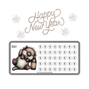 May include: A New Year's themed illustration featuring a cartoon animal with a bow, holding a champagne bottle. The image includes the text "Happy New Year" and a grid of circles with the number "1" inside. The text "The Enchanted Owls Nest" is also present.