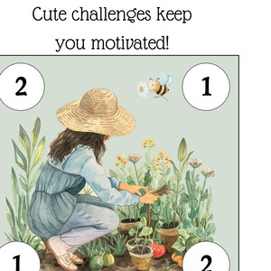 May include: Watercolor illustration of a person gardening, wearing a straw hat and blue dress. The image includes the text "Cute challenges keep you motivated!" and "the owl's nest eggs."