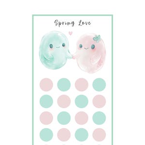 May include: A printable game board with the text "Spring Love" and "The Enchanted Owl's Nest". The board features two cartoon characters, one blue and one pink, holding hands. The board is filled with 20 circles, alternating between pink and blue.