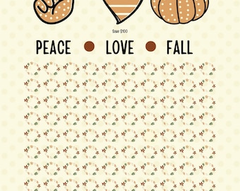 Op de afbeelding: Een beige poster met een stippenpatroon toont de woorden 'PEACE LOVE FALL' met bijbehorende symbolen: een vredesteken, een hart en een pompoen. De poster bevat ook bladerkransontwerpen en de tekst 'The Enchanted Owls Nest'.