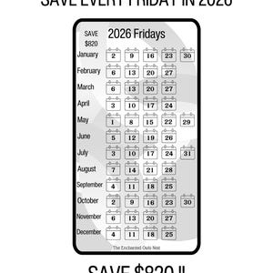 Printable 2026 Fridays Savings Challenge|Savings Tracker|Year Long Savings Challenge|Cash Budgeting|Save Every Fridays Date Challenge