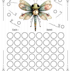 May include: A decorative printable featuring a whimsical dragonfly design. The image includes the text "Dragonfly Roll & Save" and a series of circles for tracking savings. The dragonfly has pastel wings and a detailed body. The bottom of the image has the text "The Enchanted Owls Nest".