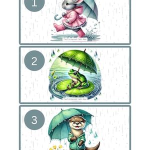 Op de afbeelding: Drie illustraties van dieren die paraplu's vasthouden in de regen. De eerste afbeelding toont een roze konijn dat een blauwe paraplu vasthoudt. De tweede afbeelding toont een groene kikker die een groene paraplu vasthoudt. De derde afbeelding toont een bruine otter die een blauwe paraplu vasthoudt. Elke afbeelding heeft de tekst "The Enchanted Owl's Nest" onderaan.